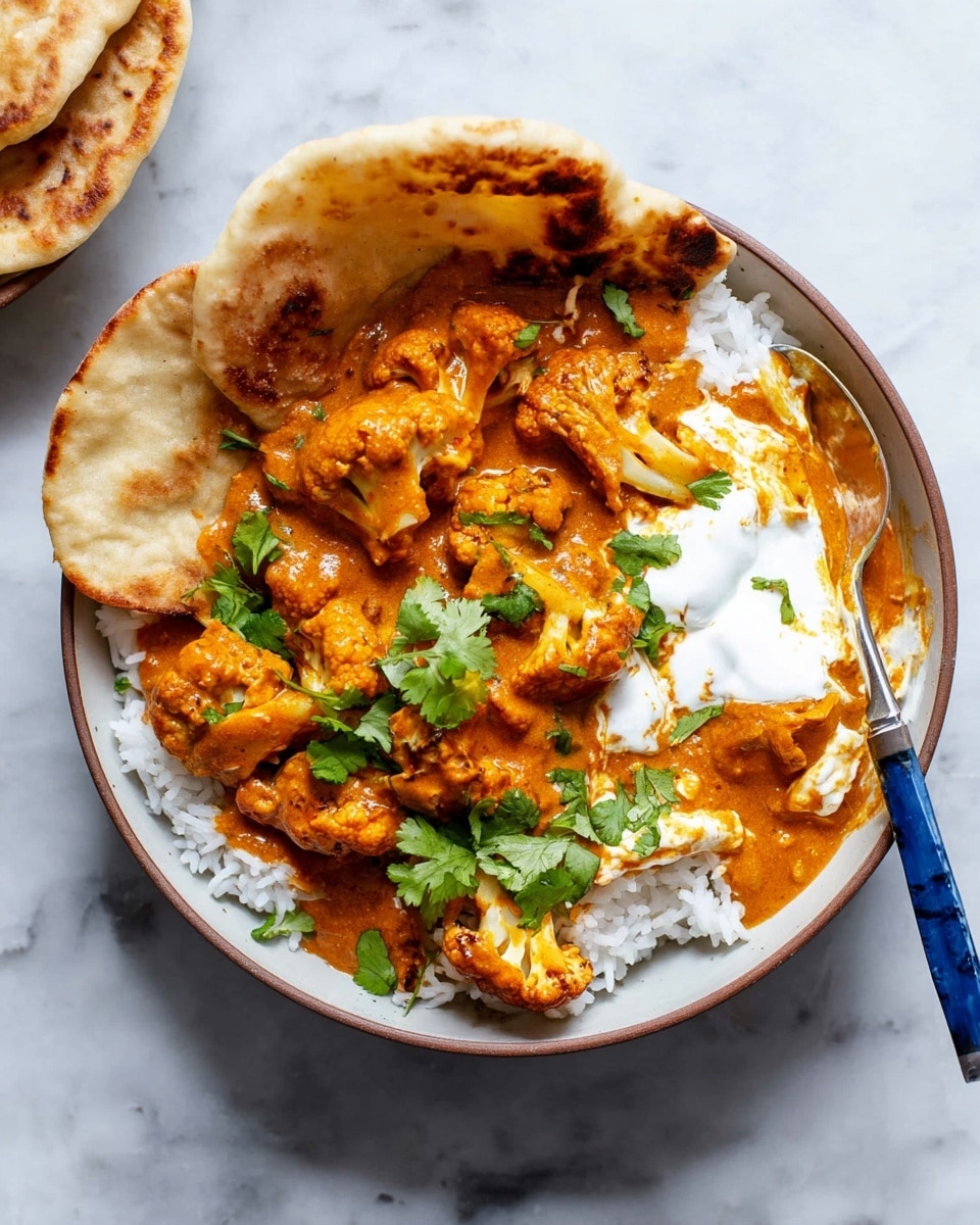 A white bowl filled with a base layer of fluffy white rice topped with a thick, orange curry sauce containing large pieces of roasted cauliflower. On the right side, a dollop of white yogurt cream rests on the curry, blending slightly into the sauce. Two pieces of lightly browned flatbread are placed at the back of the bowl, leaning against the curry. Fresh green cilantro leaves are scattered on top for garnish. A blue-handled spoon is placed inside the bowl on the right side, partially covered in sauce. The bowl sits on a white marbled surface. photo taken with an iphone --ar 4:5 --v 7