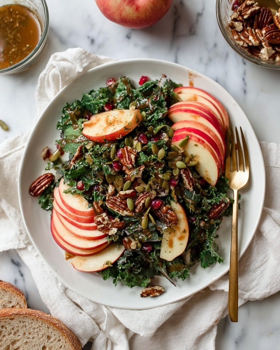 A brown bowl filled with a fresh salad sits on a white marbled surface. The salad has a base layer of dark green, leafy kale. On top, there are several thin layers of red apple slices arranged in a curved shape. Mixed throughout are small, light green pumpkin seeds and darker, roasted pecans. A light pink dressing is drizzled over the apple slices, adding a glossy texture. Near the bowl, there is a small glass container with more dressing and a silver spoon inside. Photo taken with an iphone --ar 4:5 --v 7