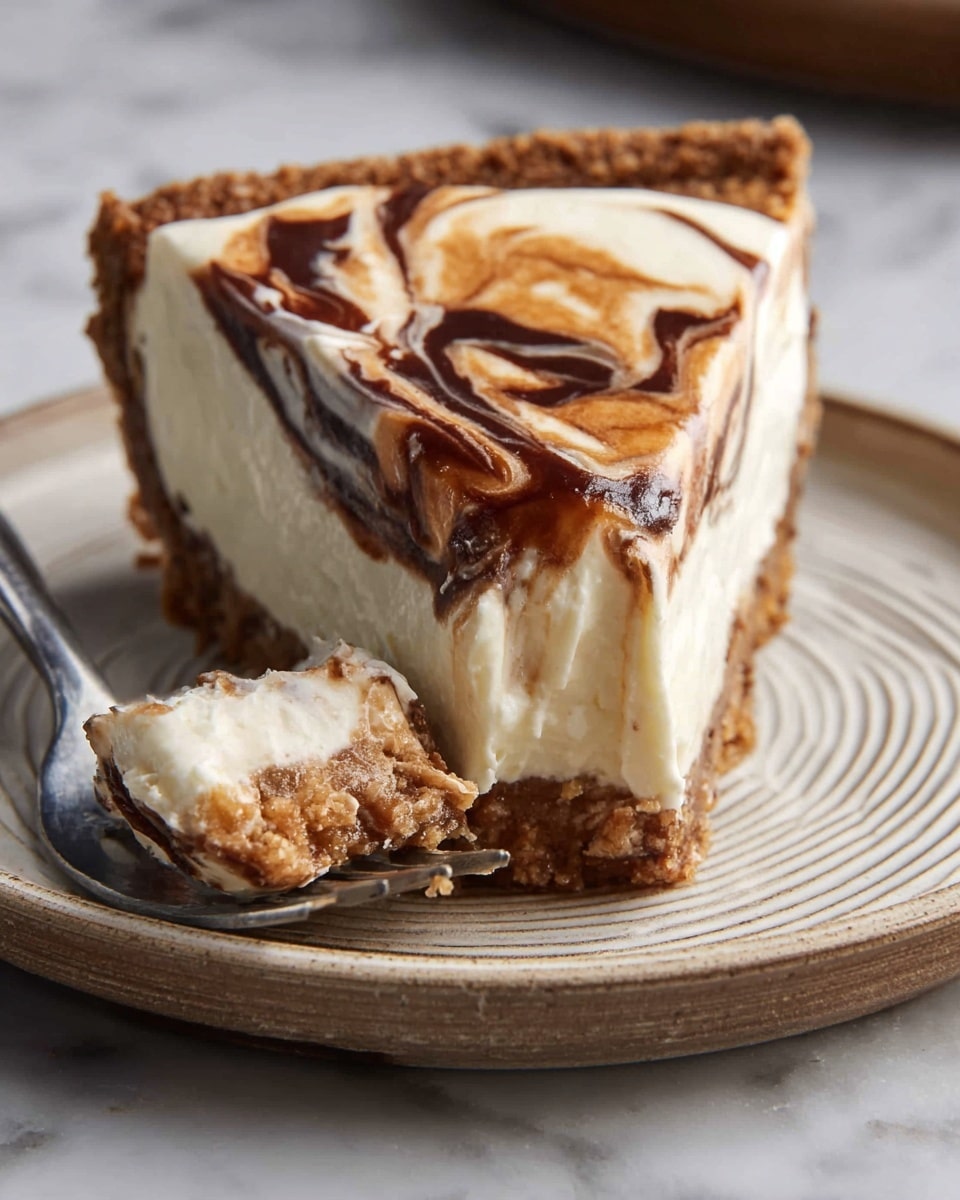 A single slice of pie is shown on a white plate with a ridged edge, placed on a white marbled surface. The pie has three visible layers: a thick crumbly brown crust at the bottom, a smooth creamy white middle layer, and a top layer with swirls of dark brown sauce mixed into the cream, creating a marbled effect. A fork holds a small piece taken from the tip of the slice, showing the soft texture of the white filling and the brown swirl on top. Photo taken with an iphone --ar 4:5 --v 7