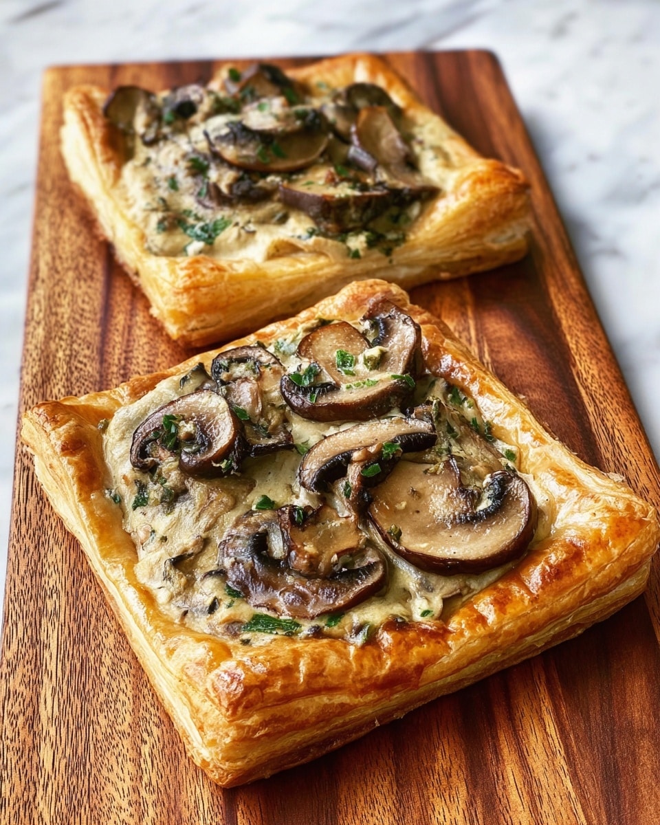 Two square-shaped pastries with golden-brown, flaky crusts form the base layer, puffed and slightly crispy at the edges. Each pastry is topped with a creamy mushroom mixture that is light beige with hints of green herbs spread evenly over the surface. The mushrooms on top are sliced thick and cooked, appearing dark brown with soft textures. These two pastries are placed on a wooden serving board with visible grain patterns, all set against a white marbled surface in the background. photo taken with an iphone --ar 4:5 --v 7