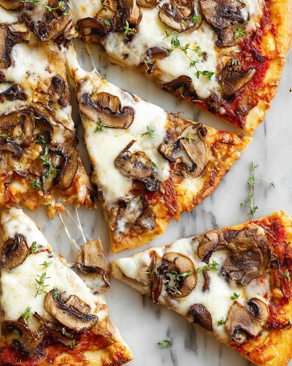 The image shows several slices of a mushroom pizza on a white marbled surface. The pizza has one main layer of golden-brown crust, topped with a thin layer of red tomato sauce visible near the edges. On top of the sauce, there is a thick layer of melted white cheese that looks soft and slightly browned in some spots. Slices of cooked brown mushrooms cover the cheese unevenly. Small green herb leaves are scattered on top for garnish. The cheese also stretches slightly between the slices, showing a stringy texture. photo taken with an iphone --ar 4:5 --v 7
