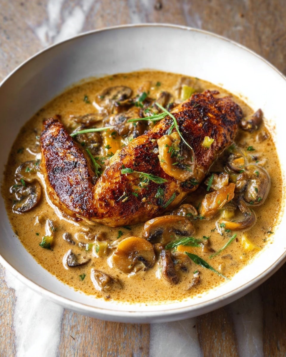 A white bowl sits on a white marbled texture board, filled with a creamy light brown sauce mixed with slices of mushrooms and green herbs. On top, two browned and slightly crispy chicken pieces rest, showing a golden and dark brown color with a textured surface. The sauce surrounds the chicken, with visible small pieces of vegetables and herbs in green and yellow colors interspersed throughout. The dish has rich, warm colors and a hearty, inviting look. photo taken with an iphone --ar 4:5 --v 7