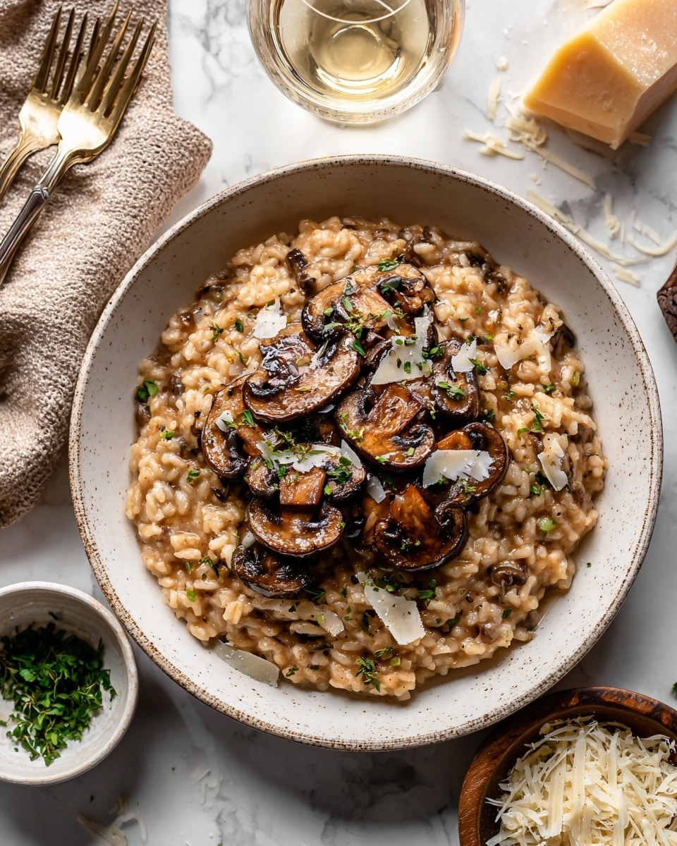 A deep white bowl holds a rich serving of mushroom risotto with a creamy, light brown base of rice mixed with small pieces of mushrooms throughout. On top, there is one layer of halved cooked mushrooms arranged in a semi-circle, dark brown with a slightly glossy texture, sprinkled with small bits of green herbs and thin shavings of light-colored cheese. The bowl sits on a white marbled surface with a beige cloth with two forks on the left, a glass of white wine slightly blurred in the bottom left, a small white bowl with green herbs in the bottom right, and a smaller bowl with shredded cheese and a piece of cheese rind at the top right corner. Photo taken with an iphone --ar 4:5 --v 7