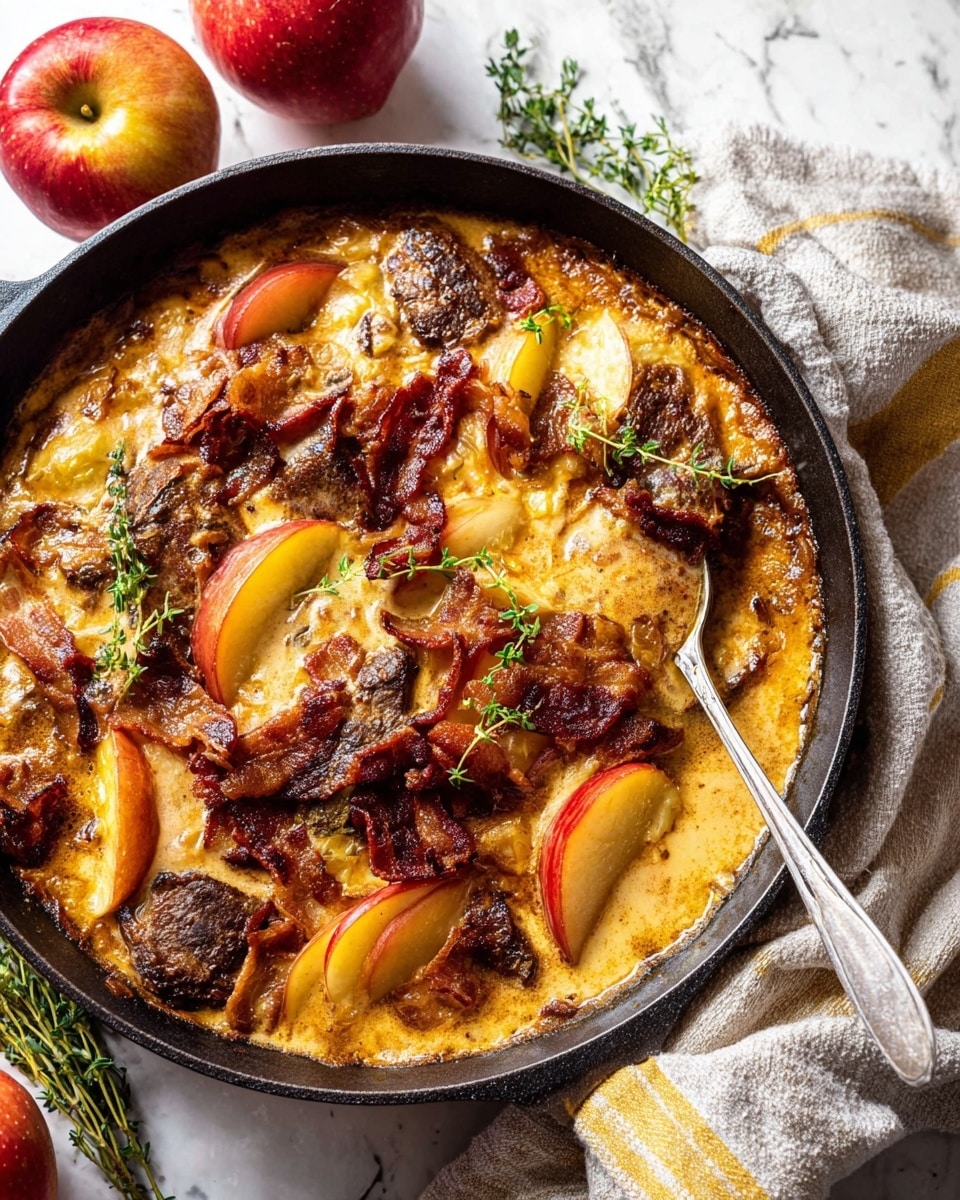 In a black cast-iron pan, there is a creamy dish with several browned pieces of meat at the bottom layer, covered with a thick, golden-brown sauce. Slices of light yellow apples with red skins peek out from under and between the meat, adding texture and color contrast. Crispy, dark red-brown bacon pieces are sprinkled on top, some curled, giving a crunchy look. Small green herb sprigs are scattered to add a fresh touch. The pan rests on a white marbled surface with two apples nearby, one red and one yellow-red, and a light gray cloth with yellow stripes on the right side. A metal spoon lies partially in the pan with some sauce on it. photo taken with an iphone --ar 4:5 --v 7