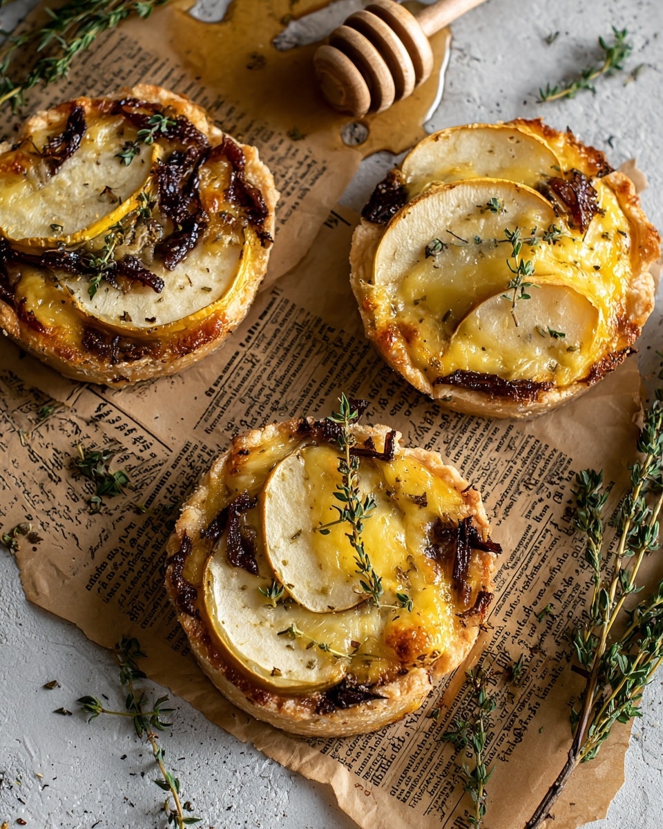 The image shows three small round tarts placed on pieces of torn vintage newspaper on a white marbled surface. Each tart has a golden-brown, slightly flaky crust forming the base layer. Inside, there is a melted yellow cheese layer with a glossy texture. On top of the cheese, there are thin, light yellow apple slices arranged in a semi-circle on two tarts and a smile-shape on the third tart. Scattered pieces of crispy caramelized onion add dark brown and slightly blackened patches around the apples and cheese. Small green herb leaves, likely thyme, are sprinkled on top, enhancing texture and color contrast. To the side, there is a wooden honey dipper resting partly in golden honey, with some sprigs of fresh herbs scattered nearby for decoration. The whole setup is warm and rustic. Photo taken with an iphone --ar 4:5 --v 7