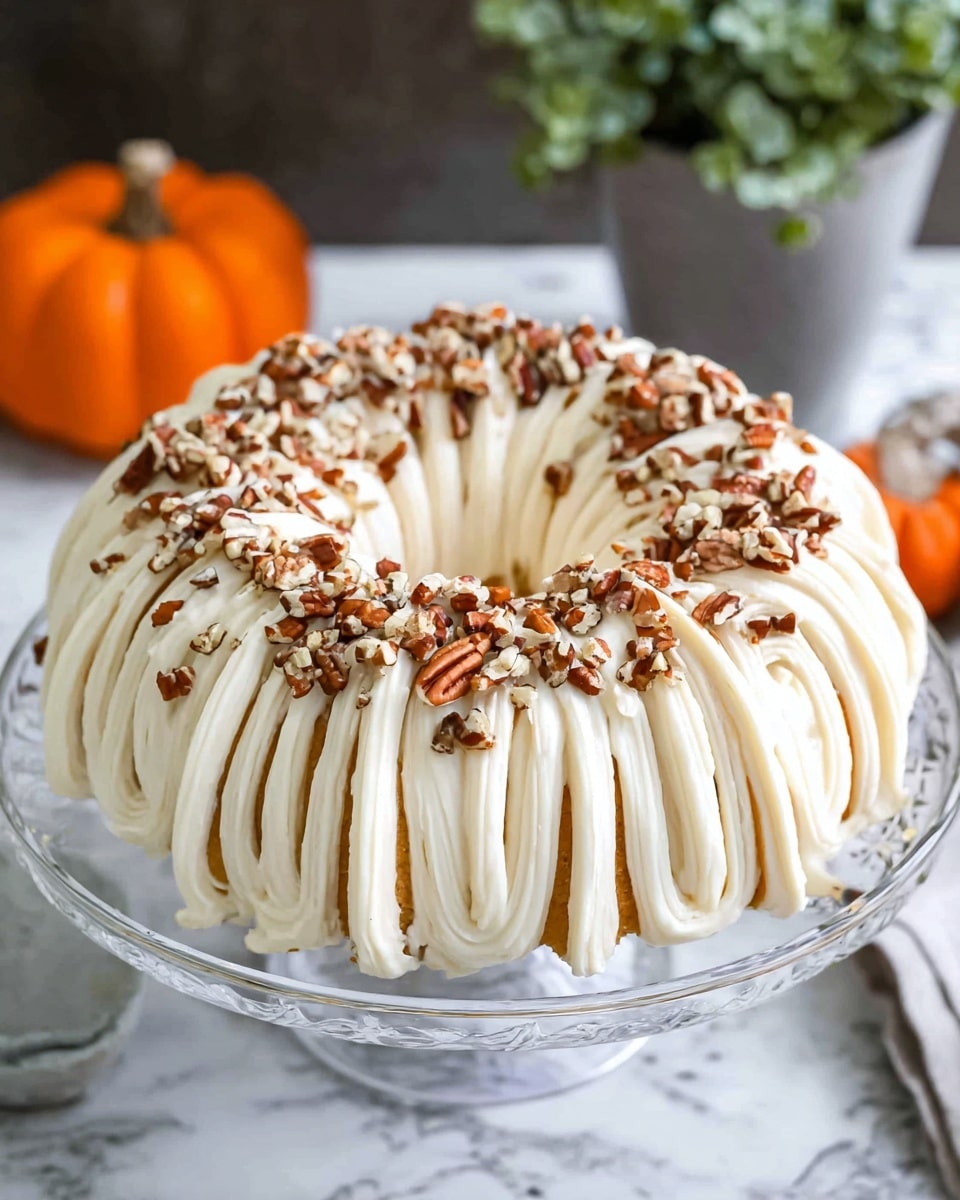 Pumpkin Bundt Cake with Cream Cheese Frosting and Pecan Topping Recipe