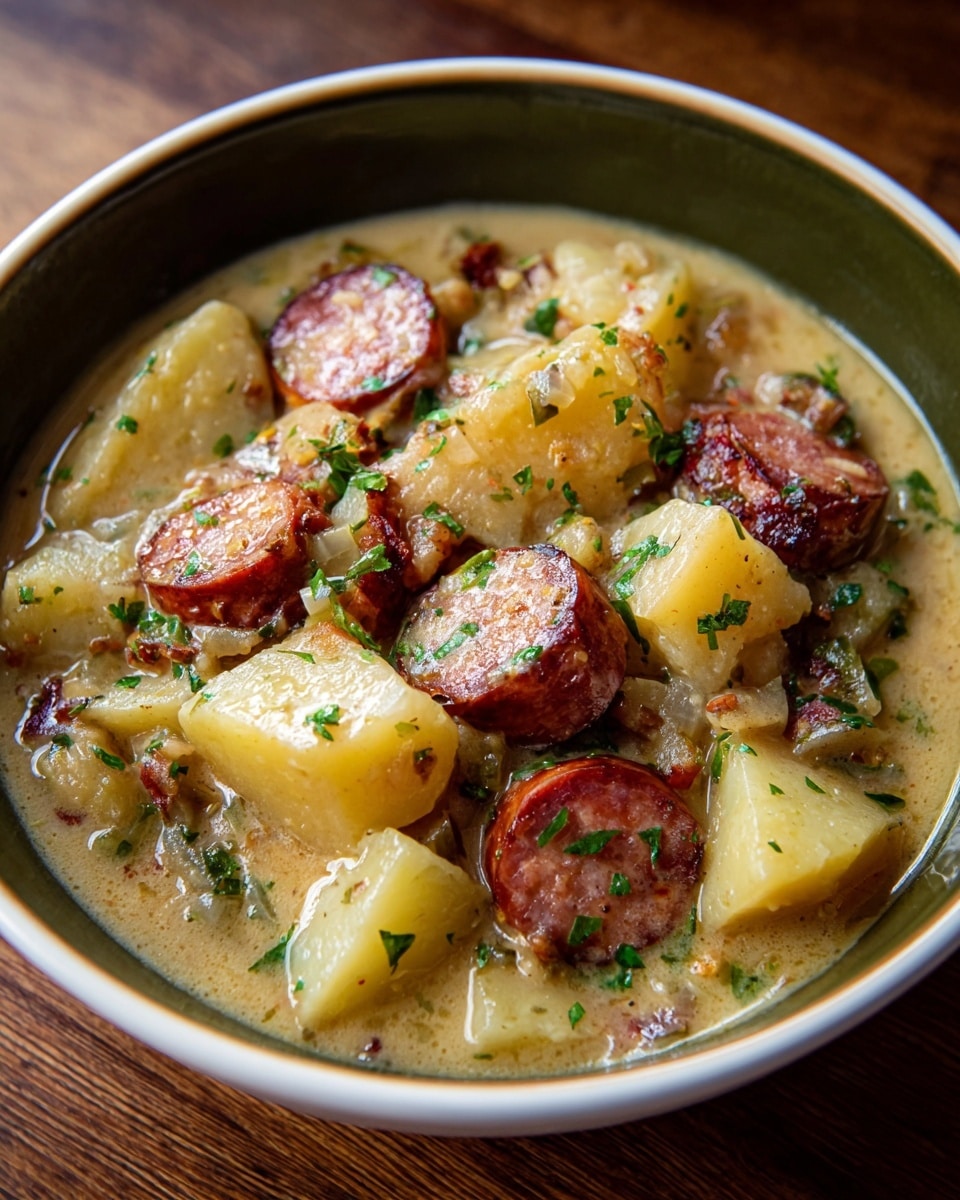 A white bowl filled with a thick stew that has visible chunks of light yellow potatoes, slices of browned sausage, and small green herb bits mixed throughout. The stew looks creamy with a slightly rough texture, and the sausage pieces are glossy and dark red-brown. The bowl is placed on a white marbled surface with a silver spoon to the right and two pieces of crusty bread with a light brown crust and soft white inside beside it. Photo taken with an iphone --ar 4:5 --v 7