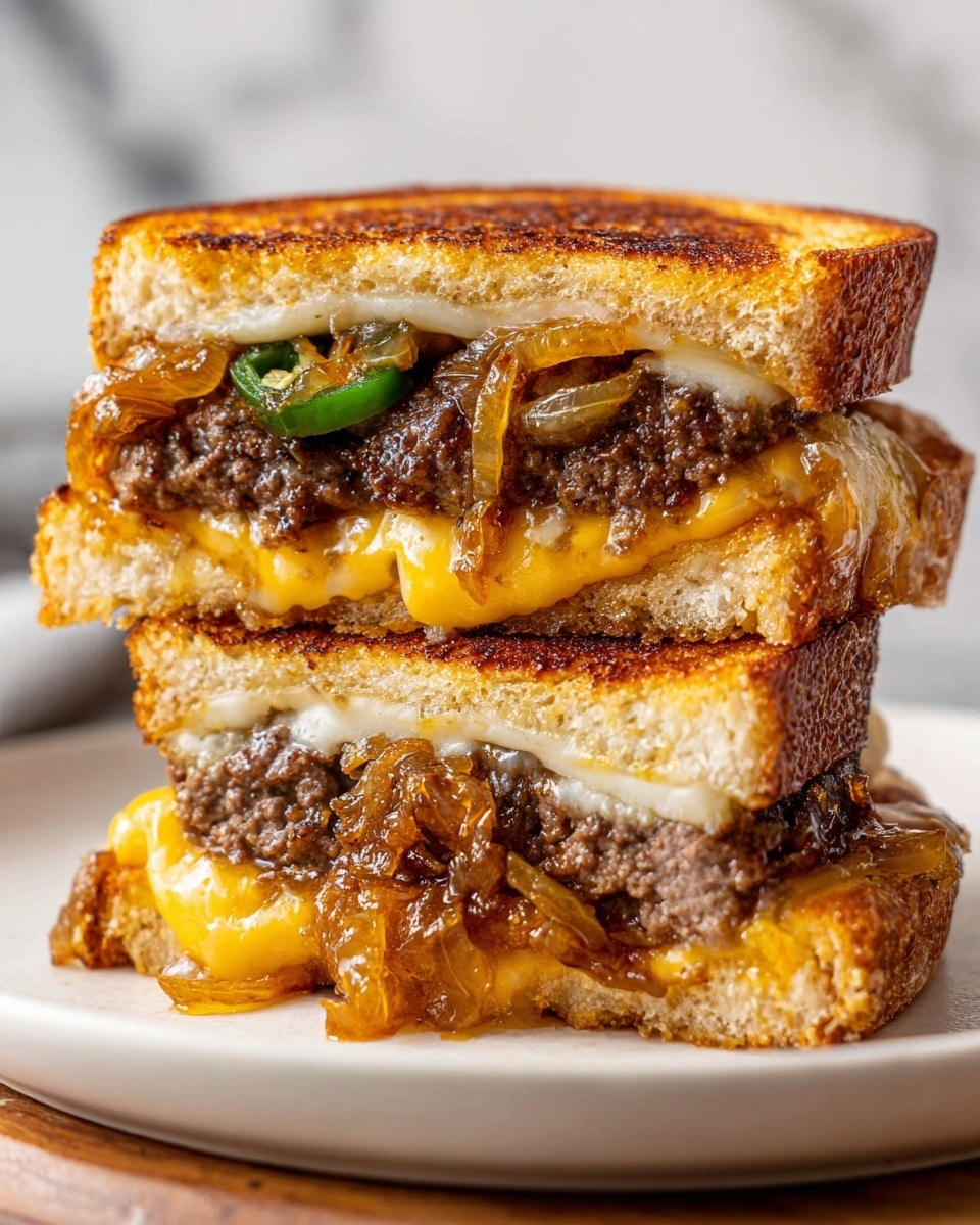 The image shows a sandwich cut in half and stacked, placed on a white plate with a white marbled surface background. The sandwich has three layers of golden-brown toasted bread with a crispy texture. Between the bottom and middle bread slices, there is a melted creamy cheese layer with a juicy thick brown meat patty on top. Between the middle and top bread slices, there's another thick brown meat patty covered with melted cheese and topped with caramelized onions and a green pepper strip, slightly spilling out. The sandwich looks warm and melty, with cheese oozing out a little. Photo taken with an iphone --ar 4:5 --v 7