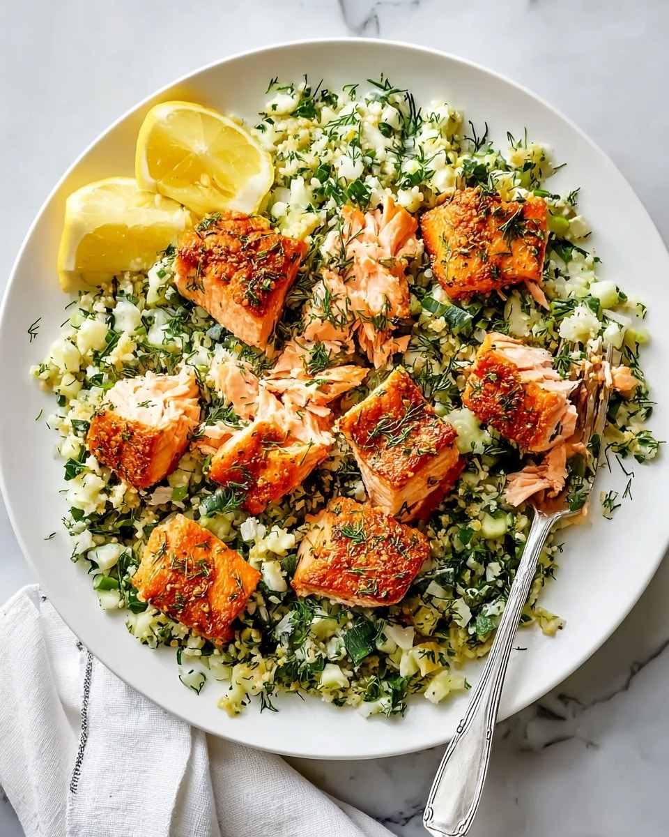 A white plate is filled with a layer of finely chopped green and white vegetables, mixed with small herb pieces, creating a textured and fresh base. On top, there are around ten medium-sized pieces of cooked salmon, each with a golden-brown crispy surface and garnished with green herbs. Three lemon wedges with bright yellow color are placed on the upper left side of the plate. A silver fork rests on the right side of the plate, slightly pushed into the vegetable layer. The background surface is a white marbled texture with a folded white cloth napkin near the plate. Photo taken with an iphone --ar 4:5 --v 7