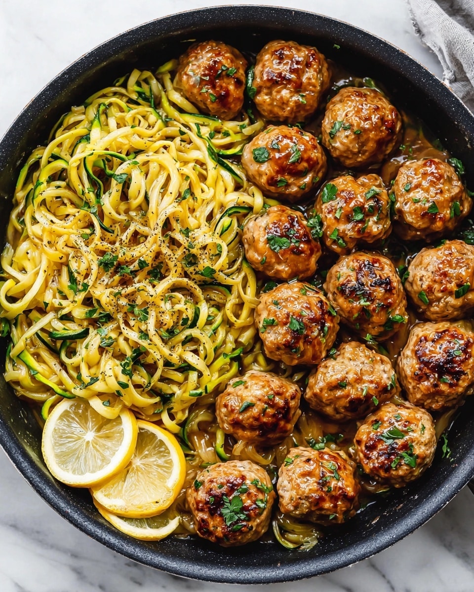 A white plate sits on a white marbled surface filled with four round meatballs that are browned and shiny, each sprinkled with chopped green herbs. Beneath and around the meatballs is a bed of yellowish noodles mixed with thin dark green zucchini strips, all coated in a light brown sauce that pools slightly at the plate's edge. Two lemon wedges rest on the noodles near the meatballs, adding a touch of bright yellow. A silver fork lies on the left side of the plate, with its prongs resting on the noodles. Photo taken with an iphone --ar 4:5 --v 7