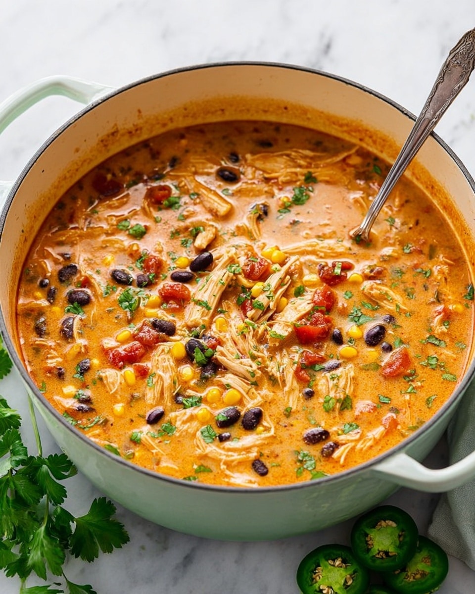A green pot filled with creamy orange soup that has visible shredded light brown chicken pieces, bright yellow corn kernels, black beans, small green pepper chunks, and red tomato bits. The soup is topped with fresh green herbs sprinkled all over. A silver spoon rests inside the pot on the right side. The pot sits on a white marbled surface with a light beige cloth and green jalapeno slices and fresh herb stems placed casually around it. photo taken with an iphone --ar 4:5 --v 7