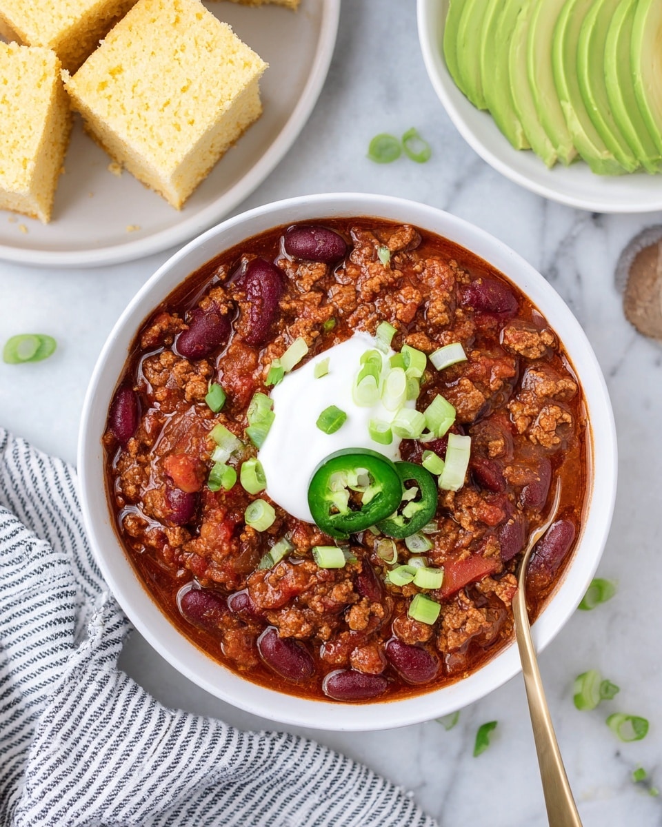 A white bowl filled with thick chili showing layers of dark red kidney beans, ground meat, and diced tomatoes in a rich reddish-brown sauce, topped with a dollop of white sour cream, bright green sliced scallions scattered on top, and a single round slice of green jalapeño pepper placed near the center. The bowl is placed on a white marbled surface with a few green scallion pieces around it. Nearby, there is a white plate with light yellow cornbread squares stacked in layers and a white dish with neatly fanned slices of light green avocado. A gold spoon rests inside the chili bowl on the right side. A navy and white striped cloth is partially visible at the bottom left corner of the image. Photo taken with an iphone --ar 4:5 --v 7