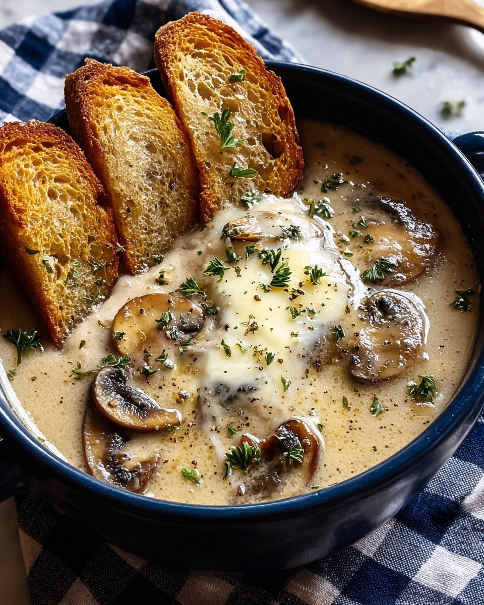 A bowl of creamy mushroom soup fills a dark bowl sitting on a soft cloth over a white marbled surface. The soup is light beige with visible slices of brown mushrooms and small chunks of onion mixed inside. On top, there is a thin toasted round bread slice with a golden-brown color and a detailed airy texture. A small sprig of fresh green thyme rests gently on the bread. A wooden spoon with a smooth texture stands inside the bowl on the right side. The soup is lightly speckled with black pepper. Photo taken with an iphone --ar 4:5 --v 7