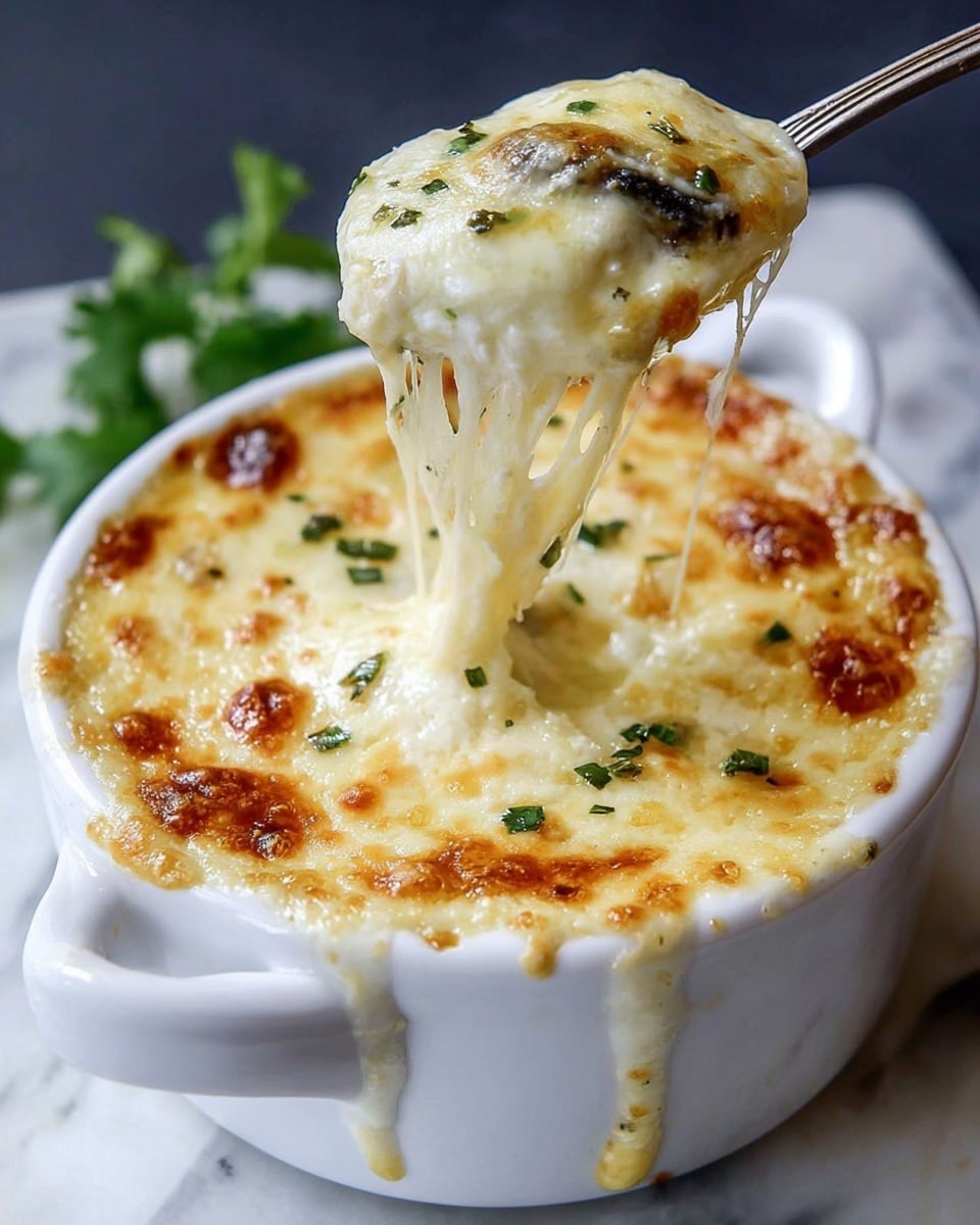 The image shows a white ceramic bowl filled with a creamy, golden-brown baked dish. The dish has a thick, bubbly top layer of melted cheese with small browned spots, giving it a rich texture. Underneath, the cheese stretches in long, gooey strands as a spoon lifts a portion, revealing a second layer with visible green leafy vegetables in a creamy sauce beneath the cheese. A few small green herb pieces are sprinkled on the top cheese layer for garnish. The bowl sits on a surface with a white marbled texture. photo taken with an iphone --ar 4:5 --v 7