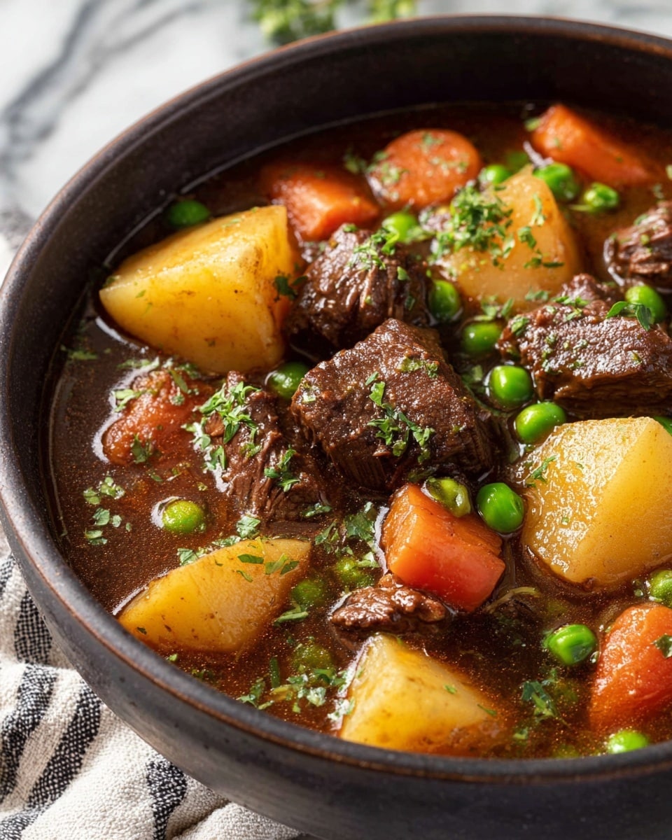 A close-up of a stew in a white bowl showing three layers of ingredients: large chunks of brown cooked beef with a slightly shiny, tender texture; golden yellow potato pieces with a soft surface; and bright orange carrot slices in irregular shapes. Small green peas and bits of fresh parsley are scattered on top, adding a pop of green color. The stew is thick with a rich, brown gravy that surrounds the ingredients, making them appear juicy and well-cooked. The bowl sits on a white marbled surface. Photo taken with an iphone --ar 4:5 --v 7