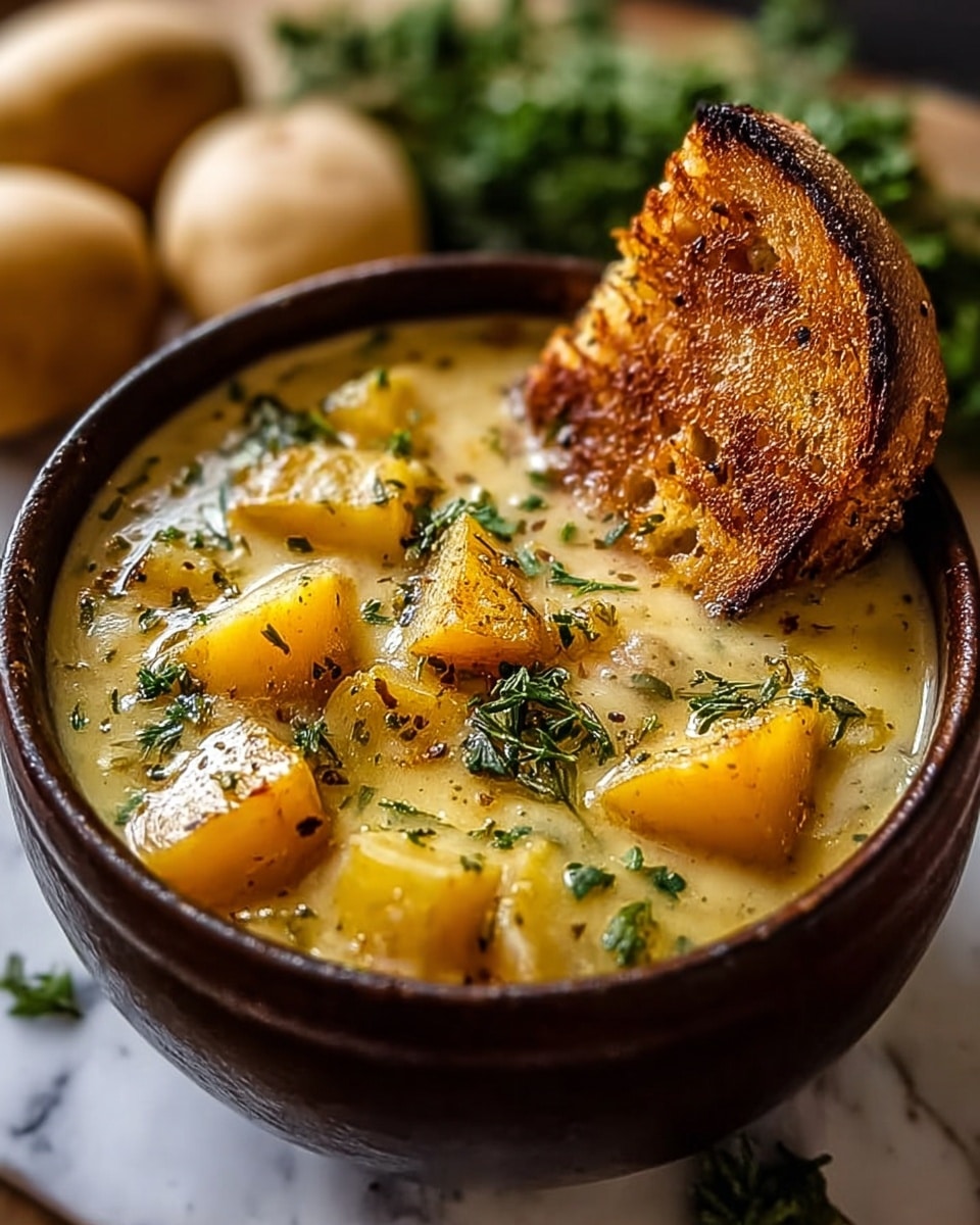 A dark brown bowl filled with creamy potato soup is shown, with chunky yellow potato pieces floating in the thick light yellow broth. Green herbs are sprinkled on top, giving a fresh look. A slice of toasted bread with a crispy golden crust is resting on the side of the bowl. The bowl is placed on a white marbled surface with some whole raw potatoes and green herbs blurred in the background. photo taken with an iphone --ar 4:5 --v 7