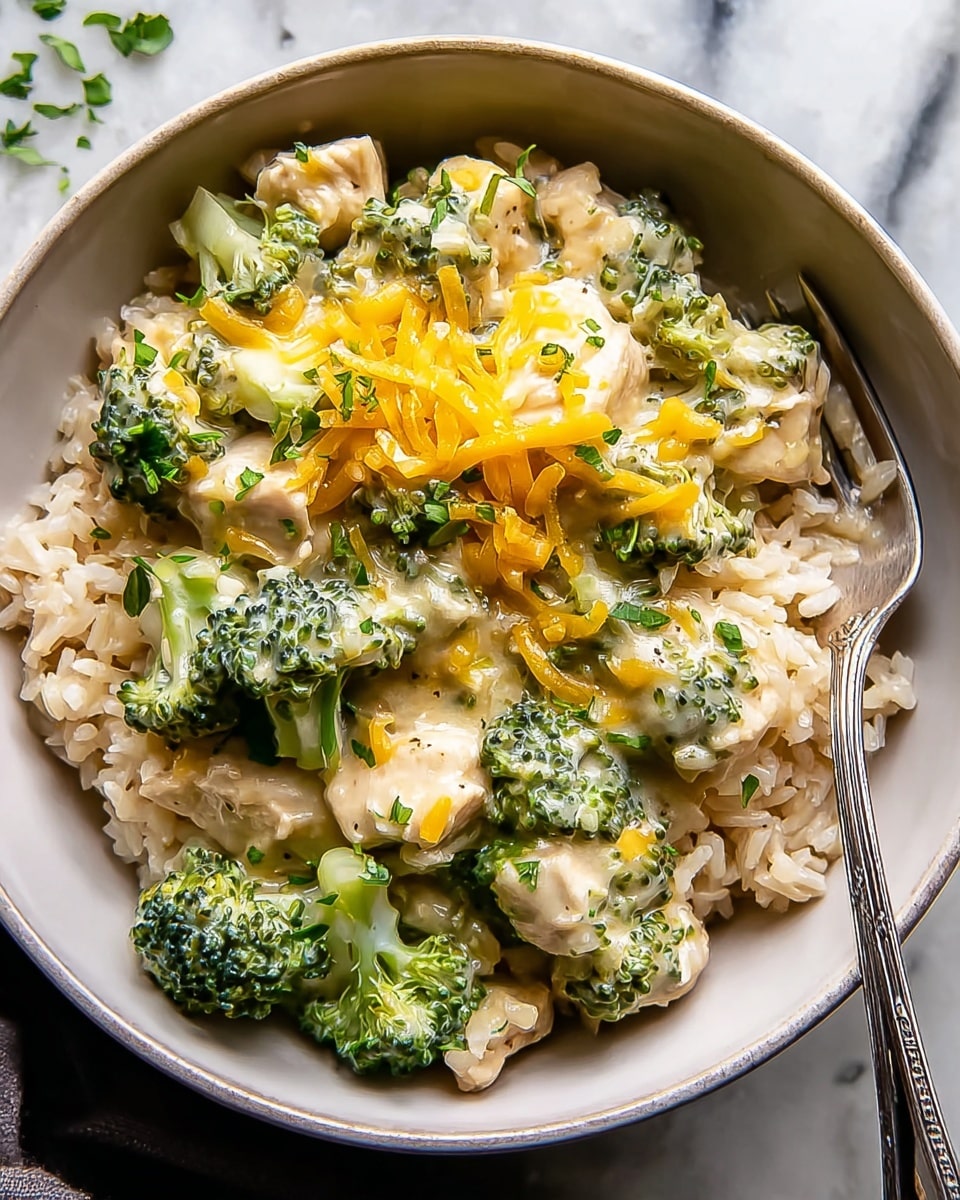 A white bowl filled with a base layer of light brown cooked rice with a soft texture. On top, there are chunks of green broccoli with creamy sauce covering them, mixed with small pieces of white chicken. Over the broccoli and chicken, there is a sprinkling of shredded yellow cheese, with small green herbs scattered around for garnish. A silver fork is placed inside the bowl on the right side. The bowl sits on a white marbled surface. photo taken with an iphone --ar 4:5 --v 7