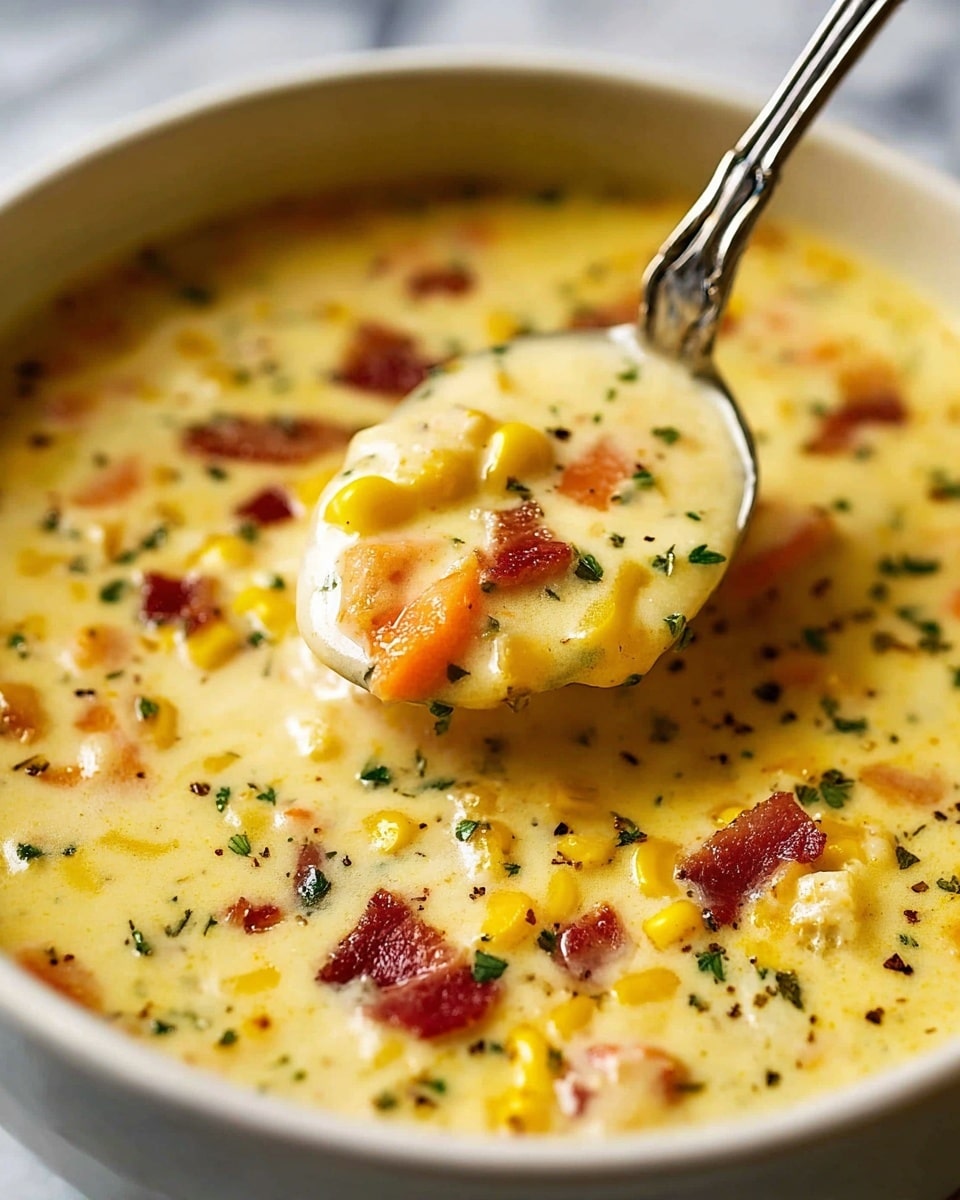 A close-up of creamy yellow corn chowder thick with bright yellow corn kernels, small orange carrot cubes, and bits of red bacon scattered throughout. The chowder is dotted with green herbs, giving a speckled look to the smooth, creamy base. A silver spoon holds a thick scoop of the chowder, showing the chunky texture and rich cream. The soup is served in a white bowl on a white marbled surface. Photo taken with an iphone --ar 4:5 --v 7