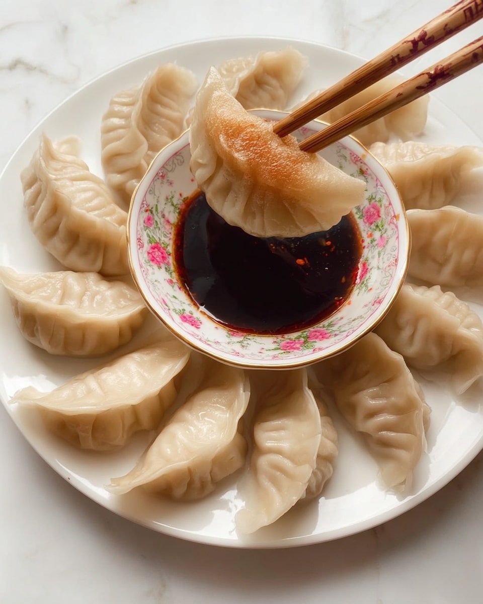 A white plate with eight light beige dumplings arranged in a circle around a small white bowl with floral patterns in light pink and gray colors, filled with dark soy sauce. One dumpling is held above the bowl by a pair of light brown wooden chopsticks, showing smooth, soft, crinkled edges and a slightly translucent texture. The plate is set on a white marbled surface. photo taken with an iphone --ar 4:5 --v 7