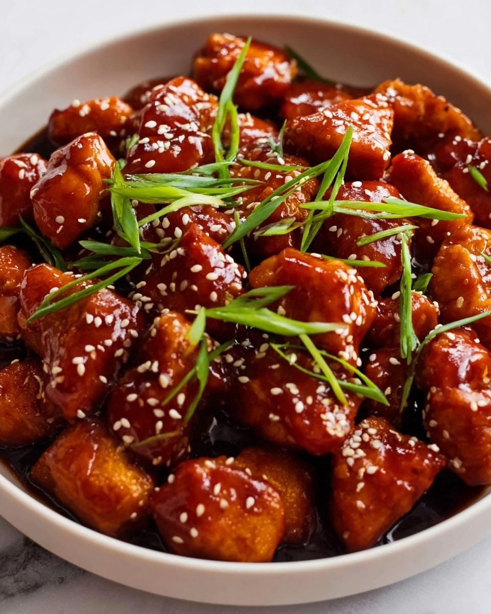 This image shows a close-up of a white bowl filled with bite-sized chicken pieces coated in a shiny, thick reddish-brown sauce. The chicken pieces are glossy and smooth, with a rich glaze covering each piece. Bright green slices of fresh scallions are scattered on top, adding a fresh contrast, along with small white sesame seeds sprinkled evenly across the dish. The bowl rests on a white marbled surface. Photo taken with an iphone --ar 4:5 --v 7