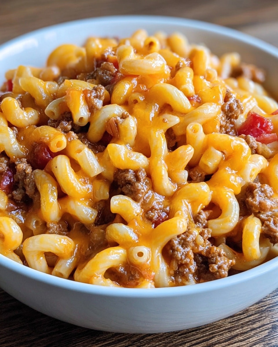 A close-up view of a white ceramic bowl filled with three main layers: at the base, light yellow elbow macaroni with smooth texture, in the middle, dark brown minced meat scattered evenly, and on top, melted orange cheddar cheese that looks soft and shiny, covering some portions of macaroni and meat; one small piece of reddish sausage is visible near the top right side of the bowl. The bowl sits on a white marbled surface. photo taken with an iphone --ar 4:5 --v 7