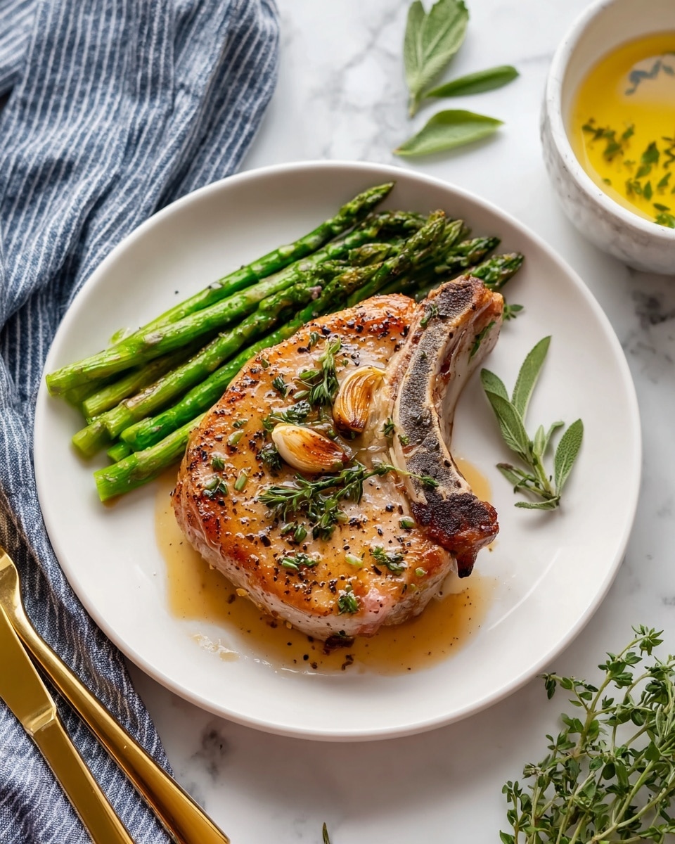A white plate holds a piece of cooked pork chop with a light brown sear and scattered green herb leaves and small browned garlic slices on top. Underneath the pork chop is a layer of grilled asparagus spears, bright green with a slight char. The plate is placed on a white marbled surface, with a gold fork and knife to the left and a small white bowl containing oil infused with herbs to the right. Fresh green herb leaves and a blue and white checkered cloth are partially visible around the plate. photo taken with an iphone --ar 4:5 --v 7