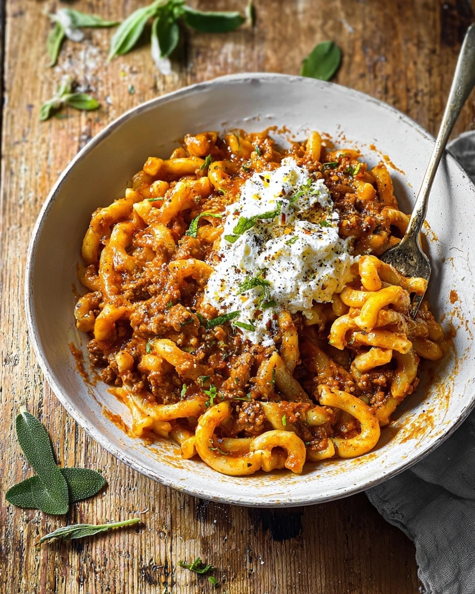 A white bowl filled with short, thick curly pasta covered in a thick, reddish-brown meat sauce mixed with small pieces of orange carrots and green herbs. The sauce is chunky with ground meat and finely diced vegetables, spreading evenly over the pasta. A silver fork is placed inside the bowl on the right side, partially lifting a few pasta pieces. The bowl sits on a white marbled surface. photo taken with an iphone --ar 4:5 --v 7