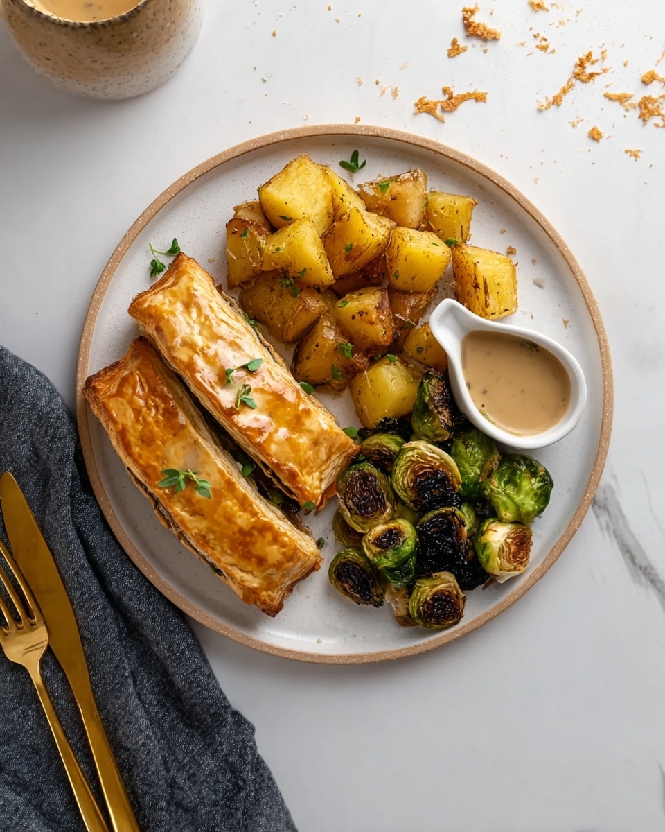 The dish shows a white round plate with three main parts: two golden-brown puff pastry slices with visible layers and a light shiny glaze on the top, placed on the left side decorated with small green herb sprigs; next to it, a pile of golden roasted potato chunks with a crispy look and some green herbs sprinkled; on the right, a serving of charred small green Brussels sprouts with dark edges adding texture contrast. The plate sits on a white marbled surface with crumbs scattered around. To the right of the plate, there is a small white ceramic sauce container filled with a light brown sauce. Below the plate, part of a dark cloth napkin is visible with two gold-colored cutleries laid on top. Photo taken with an iphone --ar 4:5 --v 7