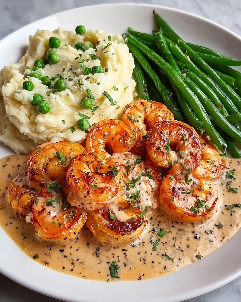 Cajun Shrimp and Salmon with Garlic Cream Sauce, Mashed Potatoes, and Green Beans Recipe - Recipe Image