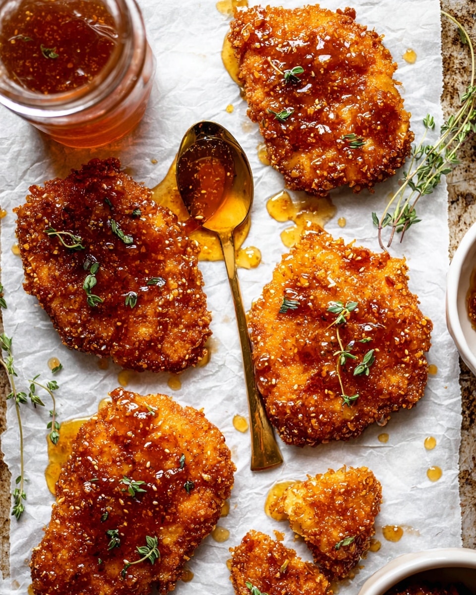 Several pieces of crispy golden-brown fried chicken lay scattered on a white marbled surface. The main piece is sliced into three thick strips, showing a juicy, soft white inside beneath the crunchy textured coating. The chicken is drizzled with amber-colored honey or syrup and sprinkled with small fresh green herb leaves, adding a touch of color. A shiny gold spoon with some syrup rests nearby. The overall look is rich, crunchy, and sticky with hints of herbs and syrup on the crispy chicken crust photo taken with an iphone --ar 4:5 --v 7