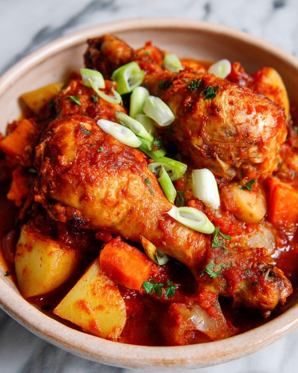 A close-up view of a dish inside a round terracotta bowl filled with two cooked chicken drumsticks that are golden and seasoned with reddish spices, resting on a thick layer of chunky stew made of orange diced carrots and pale yellow potatoes. The stew has a rich, deep reddish sauce with a slightly coarse texture, covering the bottom and sides of the bowl. Thin slices of fresh green onions are scattered on top, adding a touch of bright green and white color contrast. The background shows a white marbled texture. photo taken with an iphone --ar 4:5 --v 7