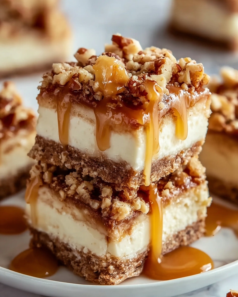 A close-up view of two stacked dessert bars on a white plate, each bar showing three layers: a thick, crumbly brown base, a smooth off-white creamy middle, and a crumbly topping mixed with chopped nuts. Golden caramel sauce drips down the sides, covering parts of the bars and pooling slightly on the plate. The background is a soft white marbled texture, and more dessert bars are blurred out in the background, highlighting the texture and richness of the topping and creamy layer. photo taken with an iphone --ar 4:5 --v 7