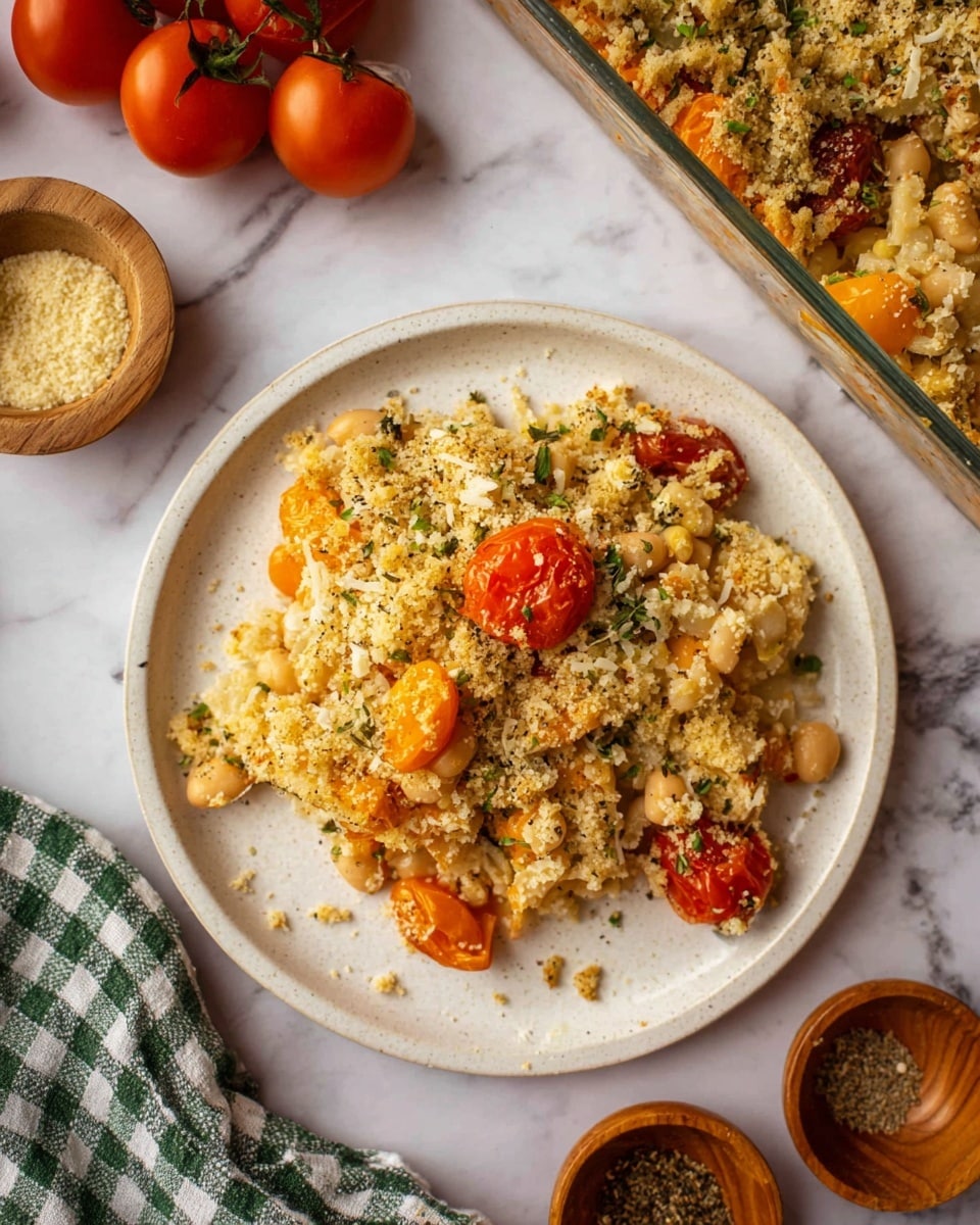 A white round plate filled with a layered dish consisting of lightly toasted breadcrumb topping, scattered green herb bits, beige beans, and roasted cherry tomatoes in orange and red shades. The texture looks crumbly and soft with a mix of small, uneven layers of grains and beans, all mixed together. There are a few roasted tomato halves visible on top. Around the plate, there are whole cherry tomatoes, a green and white checkered cloth on a white marbled surface, and small wooden bowls with spices and breadcrumbs. Part of a glass baking dish filled with the same layered dish is visible on the right side. Photo taken with an iphone --ar 4:5 --v 7