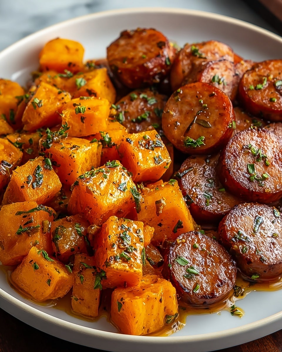 A black round plate filled with two layers: the bottom layer has small orange roasted potato chunks, and the top layer is made up of glossy, grilled sausage slices with dark char marks, both sprinkled with small pieces of fresh green herbs. The food looks shiny and slightly sticky, showing a rich brown and orange color mix. The background has a soft focus green plant, and the plate sits on a white marbled surface. photo taken with an iphone --ar 4:5 --v 7