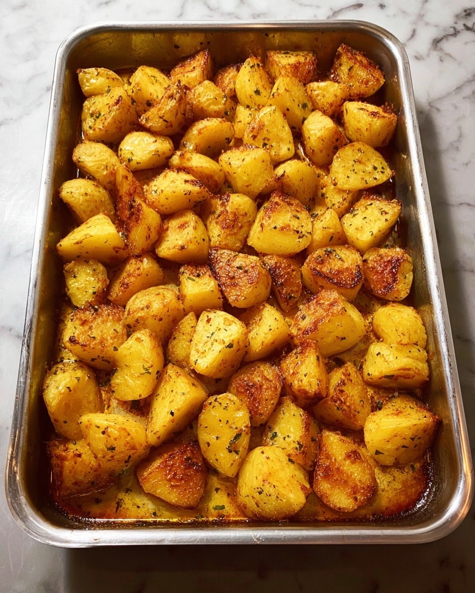 The image shows a metal baking tray filled with many pieces of roasted potatoes. Each potato piece is golden yellow with browned, slightly crispy edges and speckled with herbs and seasoning. The potatoes are cut into medium-sized chunks arranged closely together in a single layer, with a light layer of oil and spices coating the bottom of the tray. The tray is placed on a white marbled surface. photo taken with an iphone --ar 4:5 --v 7