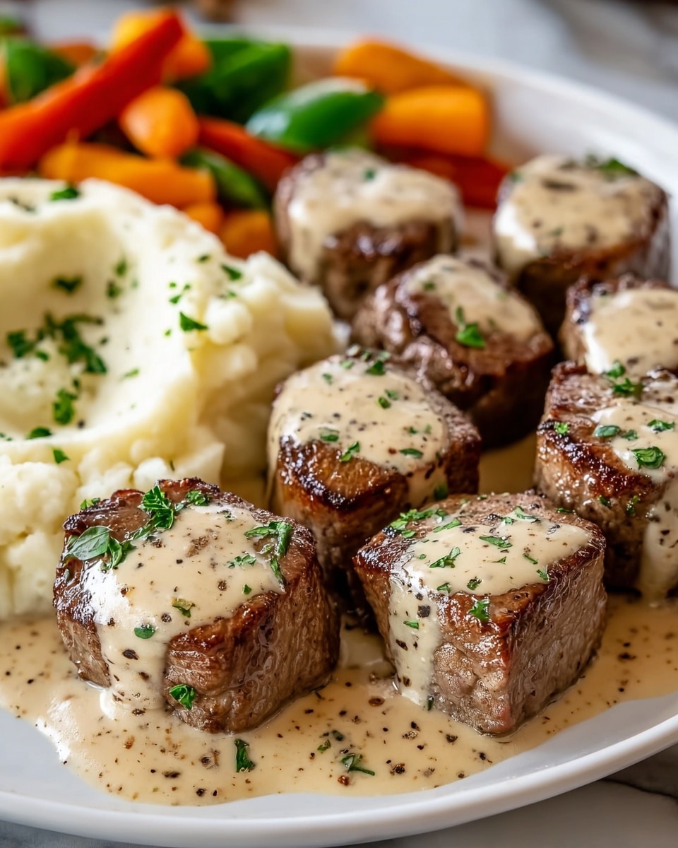 A round white plate on a white marbled surface holds a dish with three main layers. The bottom layer is a creamy light beige sauce that covers the plate's base and pools slightly around the food. On top are many small, browned meat chunks with a grilled texture, each piece covered partly by the sauce and sprinkled with small green herb pieces. Behind the meat is a scoop of white mashed potatoes with a smooth but slightly textured surface, also sprinkled with some green herbs. At the back right side of the plate, there are roasted vegetables including golden-brown potatoes, bright green broccoli florets, and small red pieces, all with a roasted crisp look. Photo taken with an iphone --ar 4:5 --v 7