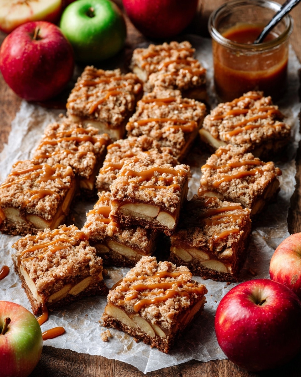 The image shows many square apple crumb bars arranged closely on parchment paper over a white marbled surface. Each bar has three visible layers: a crumbly, oat-filled topping with a caramel drizzle, a middle layer of sliced apples with a soft beige color, and a darker, firm crust at the bottom. Surrounding the bars are bright red and green apples, a spoon with caramel sauce, and a glass jar filled with caramel, adding warm tones to the rustic wooden background. The texture is crumbly on top, soft in the middle, and firm at the base, with some bars stacked slightly on others. Photo taken with an iphone --ar 4:5 --v 7