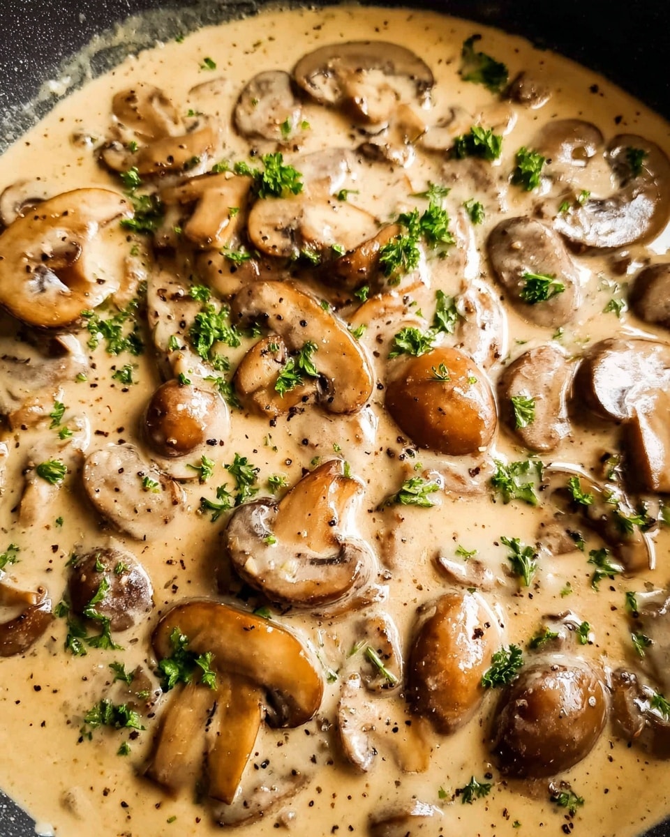 The image shows a pan filled with a creamy mushroom sauce. The sauce is light brown and thick, with many whole and sliced mushrooms scattered throughout. The mushrooms have a dark brown color and a shiny, soft texture. Small bits of finely chopped green herbs are sprinkled on top, adding a fresh color contrast. The sauce surfaces lightly glisten, and there are small specks of black pepper visible. The background is a white marbled texture. Photo taken with an iphone --ar 4:5 --v 7