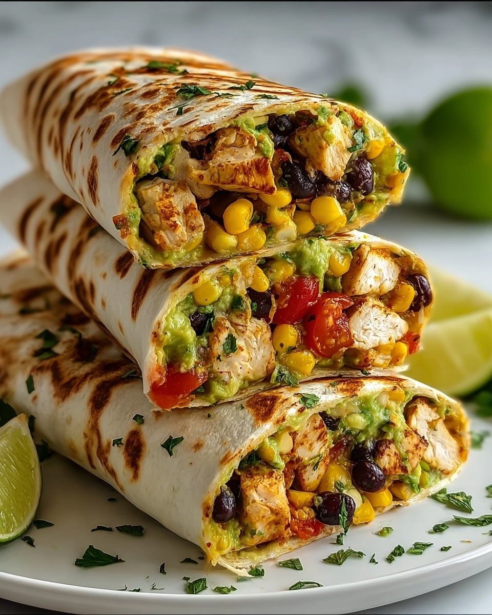 Three grilled tortillas are rolled and stacked on each other on a white plate. Each tortilla shows layers inside starting with light green creamy guacamole spread close to the edges, followed by chunks of cooked golden brown chicken pieces with some green herbs mixed in. Bright red tomato pieces and small green avocado cubes add fresh colors mixed within the filling. The tortillas have a toasted golden brown pattern on the surface. In the background, there are blurred halved avocados resting on a white marbled surface. Photo taken with an iphone --ar 4:5 --v 7