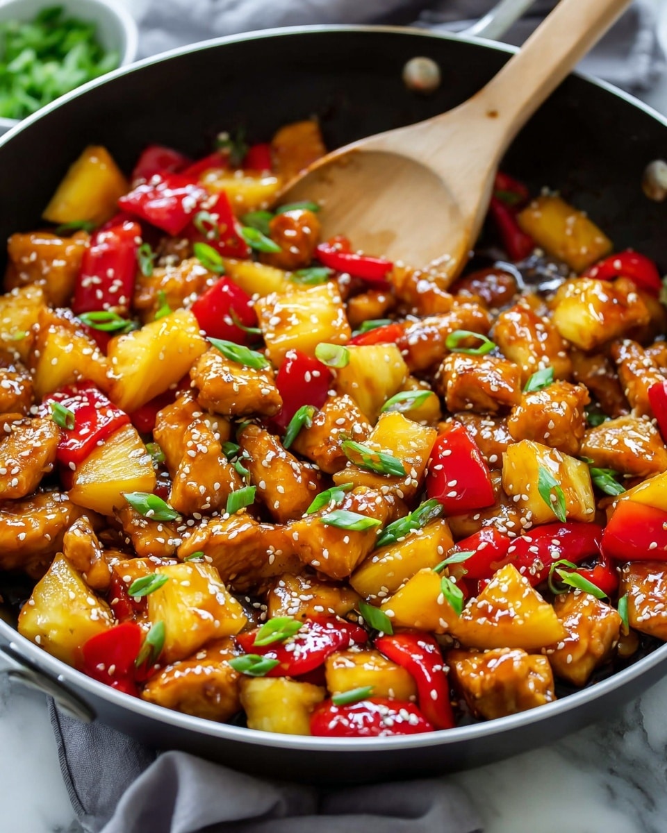 A white bowl filled with three main layers is shown on a white marbled surface. The bottom layer is white rice, soft and fluffy. On top of the rice are bright red bell pepper pieces and golden yellow pineapple chunks, both shiny and fresh. The top layer consists of glossy brown chicken pieces coated in a sticky sauce, sprinkled with white and black sesame seeds, and small green onion slices scattered evenly. A pair of black and brown chopsticks held by a woman's hand is picking up one piece of the chicken. The overall look is colorful, fresh, and vibrant, with a close-up focus on the bowl. photo taken with an iphone --ar 4:5 --v 7