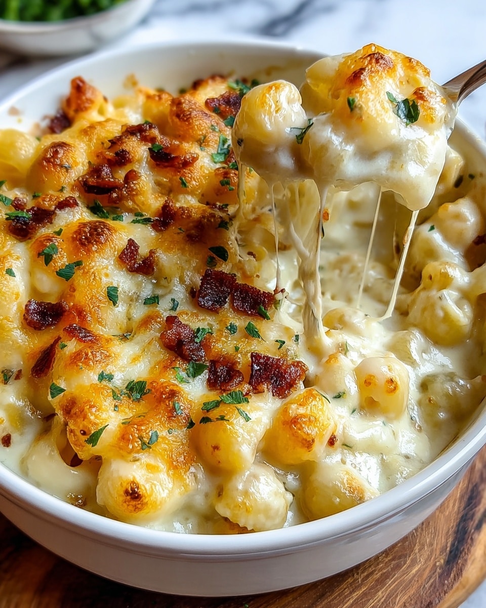 A close-up view of a white bowl filled with baked mac and cheese. The dish shows a top layer of melted golden-yellow cheese with crispy brown bits and sprinkled chopped green herbs. Underneath, there are small macaroni pasta pieces soaked in creamy white cheese sauce which is stretchy and smooth, pulling slightly as a spoon dips into the bowl. Small bits of browned pieces are scattered on top, adding texture and contrast. The bowl sits on a wooden surface with a white marbled background. photo taken with an iphone --ar 4:5 --v 7
