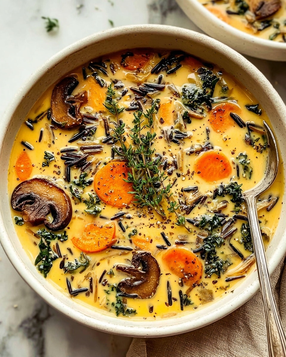 The image shows a close-up of a creamy soup in a round, speckled bowl on a white marbled surface. The soup has a rich yellow-orange base with visible chunks of bright orange carrots, dark brown sliced mushrooms, and leafy green kale evenly spread throughout. Thin black strands of wild rice are mixed in, adding texture. A few small sprigs of fresh thyme sit on top in the center, sprinkled with cracked black pepper. A silver spoon rests inside the bowl on the right side. Another similar bowl is partially visible in the top right corner, and a soft cream-colored cloth is draped beside the bowl. Photo taken with an iphone --ar 4:5 --v 7