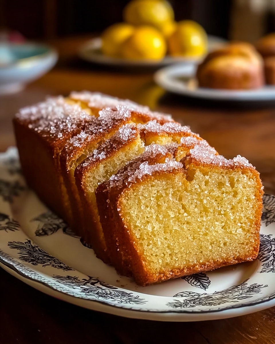 The image shows a loaf cake cut into eight thick slices arranged closely on a white plate with black floral patterns. The cake has a golden-brown top sprinkled with coarse sugar crystals that sparkle. The sides are darker brown, showing a well-baked crust, while the inside is soft and light tan. The plate is placed on a wooden table with a blurred background showing some yellow fruits and another white plate with bread or rolls. The overall scene has warm tones and soft lighting. photo taken with an iphone --ar 4:5 --v 7