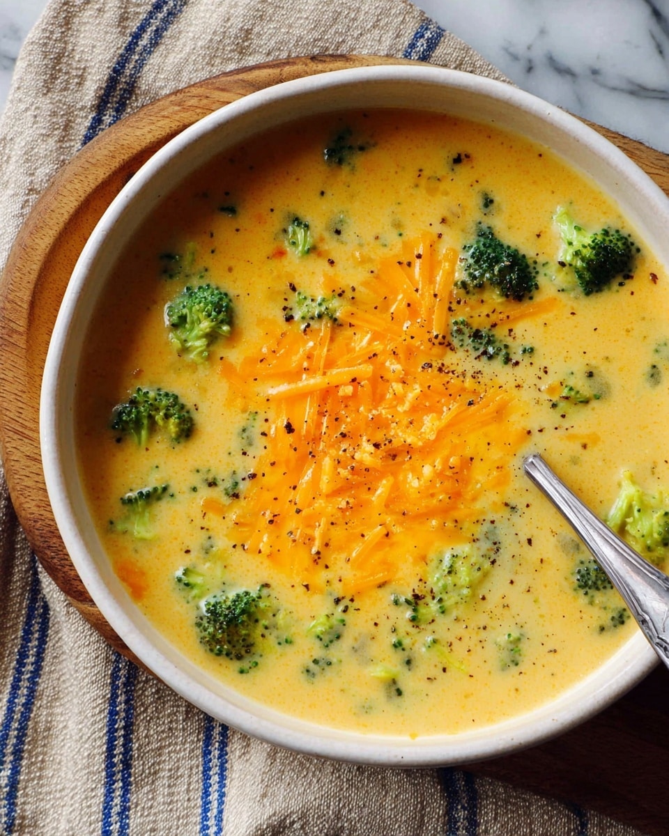 A white bowl filled with creamy yellow soup that has visible small green broccoli florets scattered throughout. The top center of the soup shows a layer of shredded orange cheese sprinkled with small black pepper bits. A silver spoon rests inside the bowl at the bottom right edge, partly submerged in the soup. The bowl sits on a natural brown wooden board that is placed on a beige cloth with blue stripes, all set on a white marbled surface. photo taken with an iphone --ar 4:5 --v 7