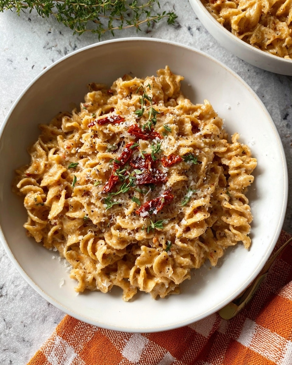 A white bowl filled with curly, ruffled pasta coated in a creamy light brown sauce, topped with small pieces of red sun-dried tomatoes and fresh green thyme leaves. The pasta is sprinkled with finely grated white cheese, giving a slightly textured look on top. The bowl sits on a white marbled surface next to a folded orange and white checkered cloth and some greenery in the background. Part of another bowl filled with the same pasta is visible at the top right corner. photo taken with an iphone --ar 4:5 --v 7