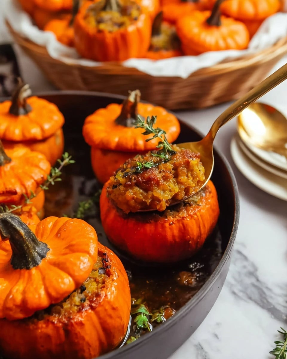 The image shows several small orange pumpkins arranged in a black pan on a white marbled surface. Each pumpkin is sliced horizontally into two layers: the top layer is the pumpkin lid with the stem, and the bottom layer is filled with a textured brown and yellow stuffing made of finely chopped ingredients. The pumpkin flesh is visible around the edges of the stuffing. There are green herbs scattered around the pumpkins, adding a fresh touch to the warm-colored dish. The lighting highlights the shiny and slightly moist texture of the pumpkins and stuffing. Photo taken with an iphone --ar 4:5 --v 7
