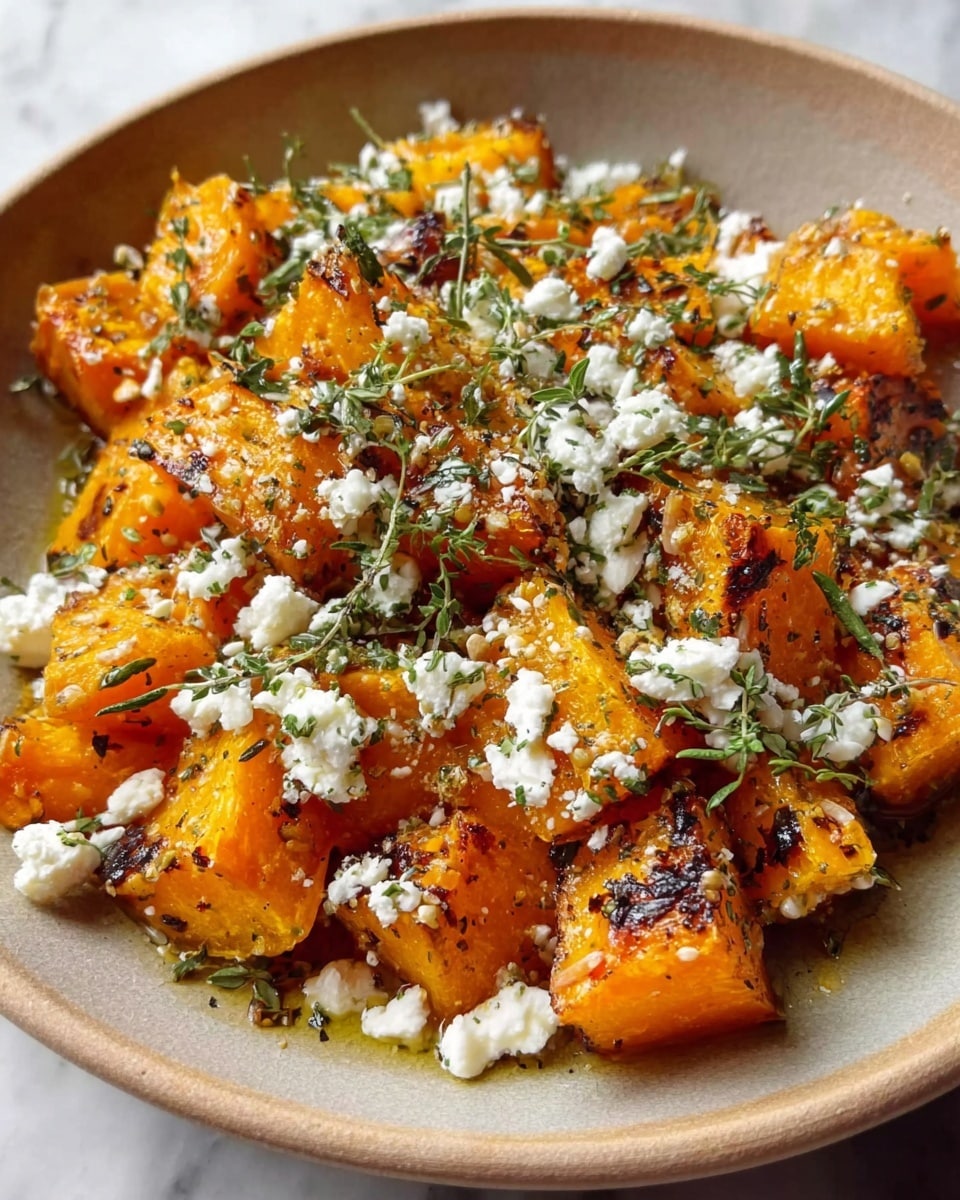 The image shows a white bowl filled with bright orange roasted pumpkin pieces with black grill marks and some caramelized edges. The pumpkin pieces are topped with crumbled white cheese scattered all over, and green herb sprigs are placed on top, adding fresh color. The dish is sprinkled with various small green and brown herbs and seeds, giving it a textured look. The bowl is set on a white marbled surface, and a woman's hand holding the bowl is partly visible on the left side. The lighting highlights the vibrant colors and textures of the pumpkin and toppings. photo taken with an iphone --ar 4:5 --v 7