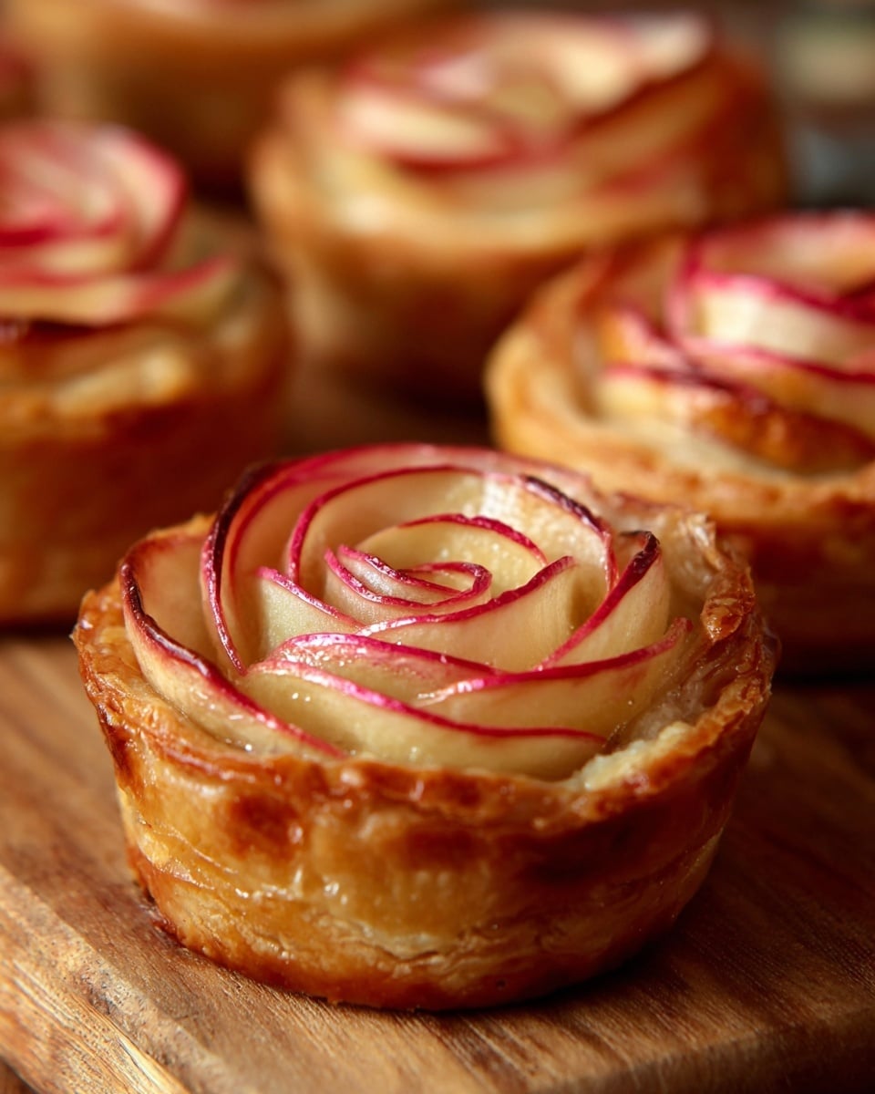 Six small round pastries are arranged on a wooden board. Each pastry has a golden-brown crust shaped like a cup holding thin, curled slices of red and white fruit, layered in a spiral to look like a rose on top. The fruit slices have a smooth, glossy texture. In the background, there is a clear glass jug filled with a dark brown liquid and a stack of white bowls with silver rims on a white marbled surface. The lighting softly highlights the textures and colors of the pastries and the items behind them. photo taken with an iphone --ar 4:5 --v 7