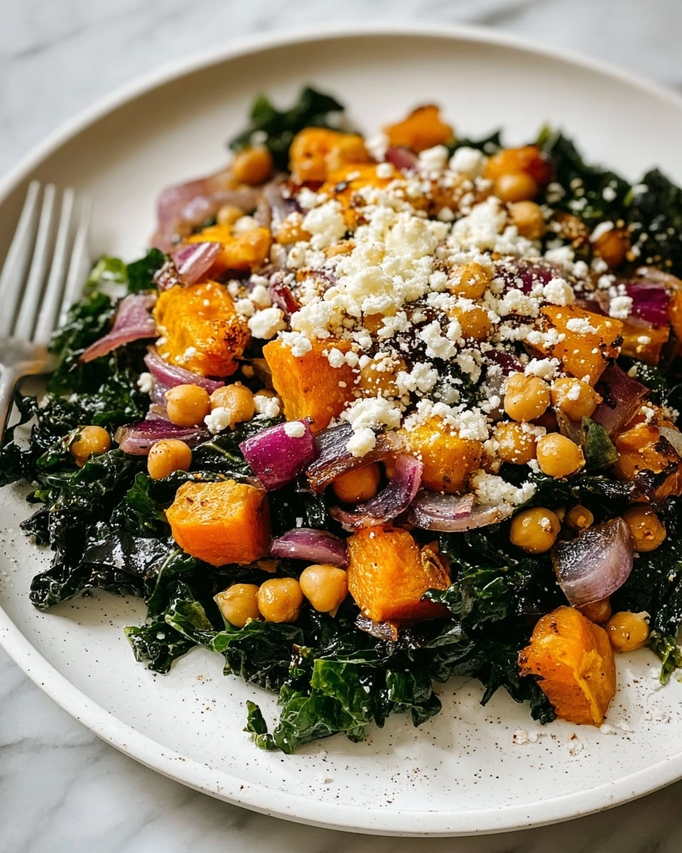 A white plate with a layer of dark green wilted kale at the bottom, topped with roasted orange butternut squash chunks and light brown chickpeas mixed with small pieces of purple red onion. On top, there is a sprinkling of crumbly off-white cheese. The plate sits on a white marbled surface. photo taken with an iphone --ar 4:5 --v 7