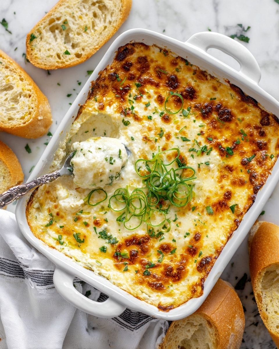 A white square baking dish filled with a creamy, baked dip that has a golden-brown melted cheese layer on top, showing patches of bubbly, slightly browned cheese. The creamy inside layer is thick and white with visible herbs, and the dip is being scooped from the corner with a spoon. The top is garnished with chopped green onions and chives, adding bright green color and fresh texture. The dish is placed on a white marbled surface, with several slices of light brown bread arranged nearby, ready for dipping. Photo taken with an iphone --ar 4:5 --v 7